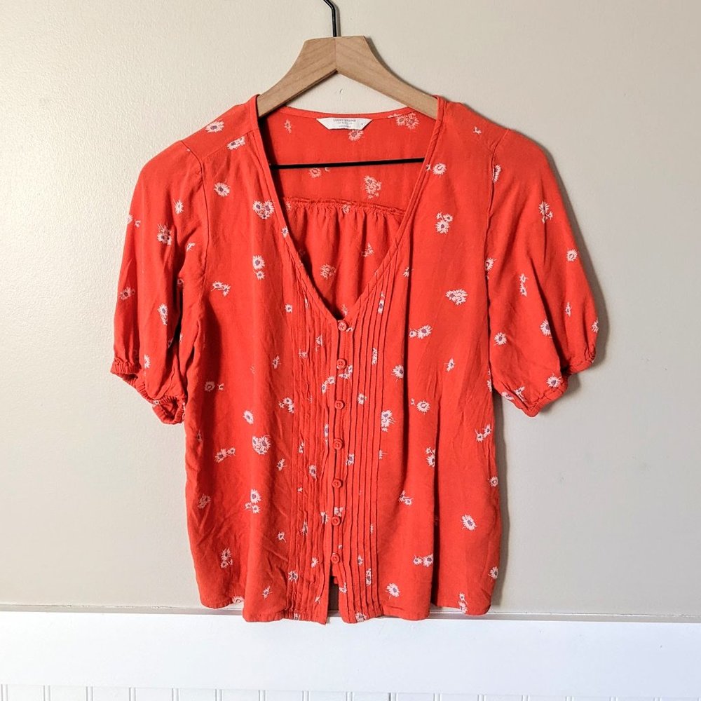 Lucky Brand Red Pintuck Button Front Top M